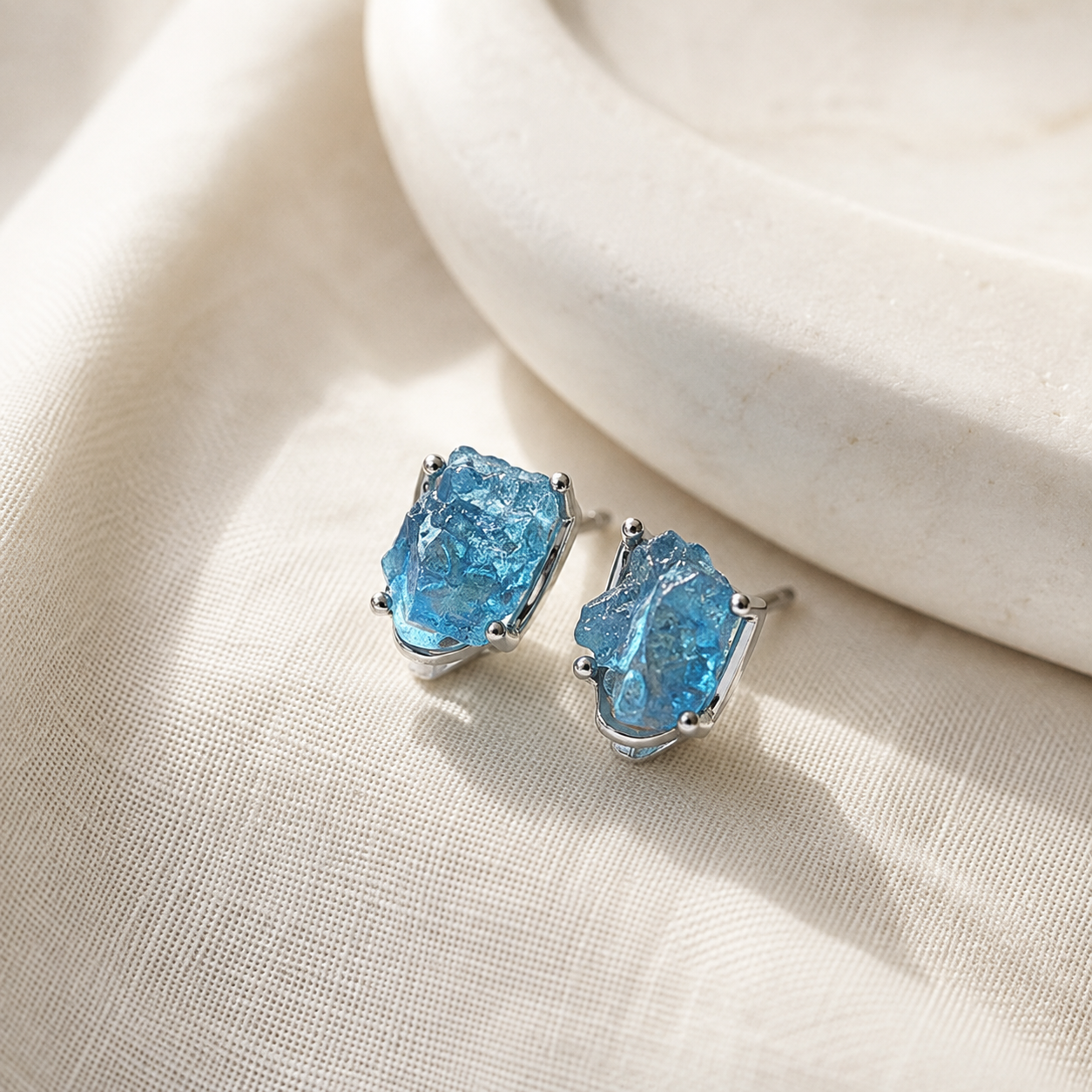 Natural Raw Aquamarine S925 Sterling Silver Stud Earrings