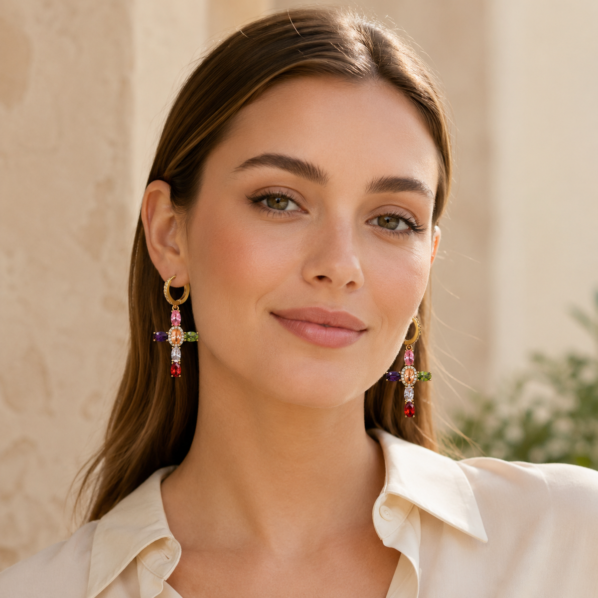 Rainbow CZ Cross Earrings