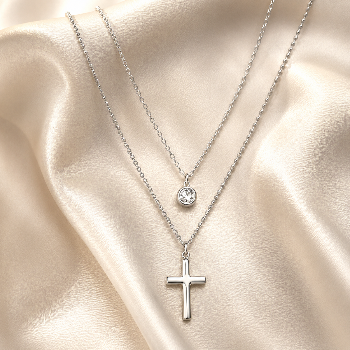 Layered CZ Cross Pendant Necklace