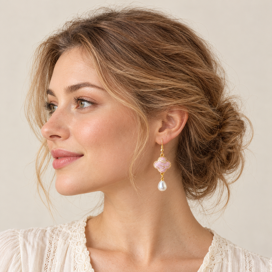 Handmade Song Brocade Clover Pearl Earrings