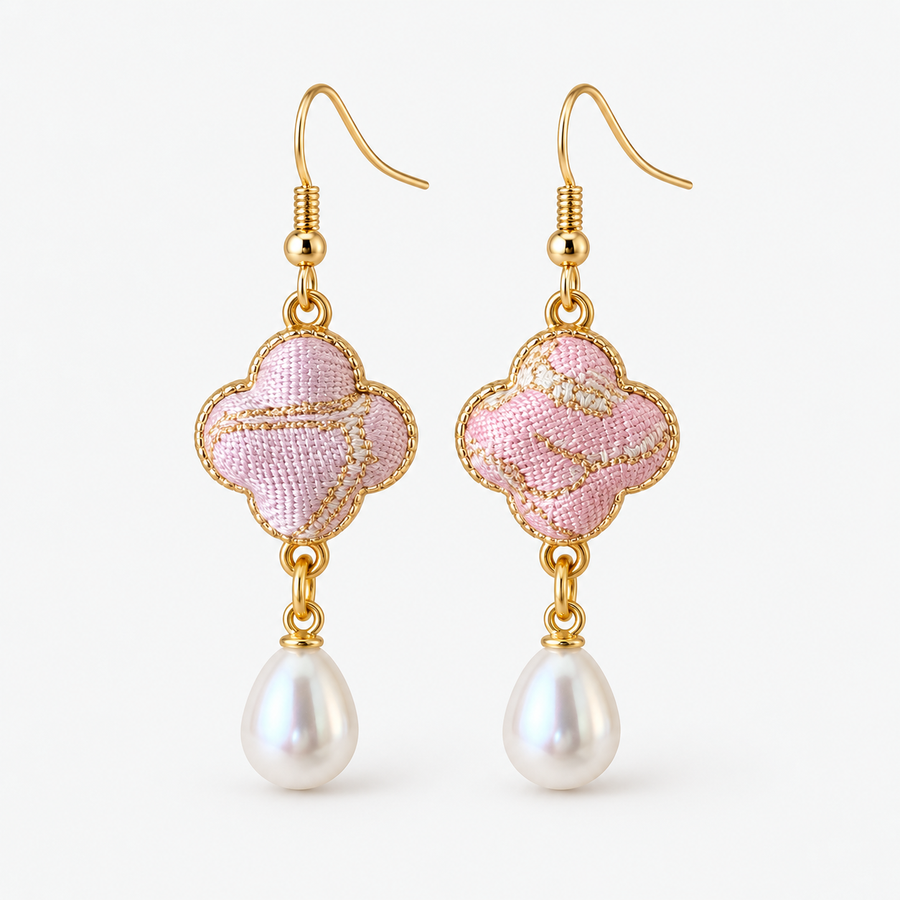 Handmade Song Brocade Clover Pearl Earrings