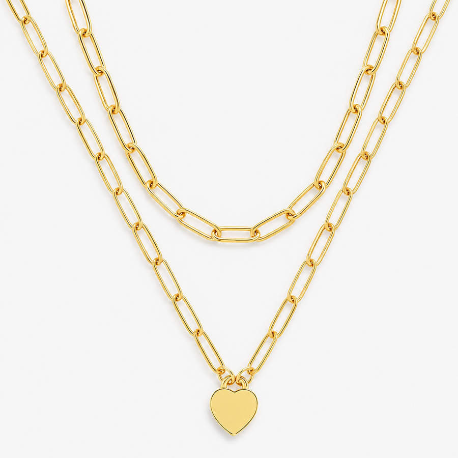 Layered Paperclip Chain Heart Pendant Necklace