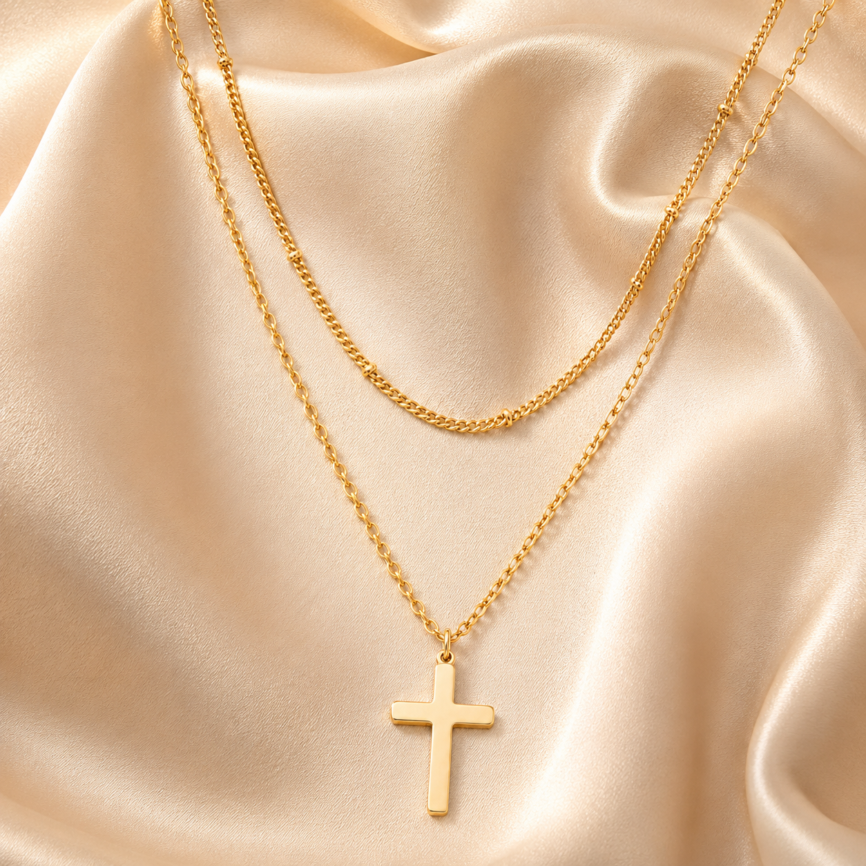 Layered Beaded Cross Necklace