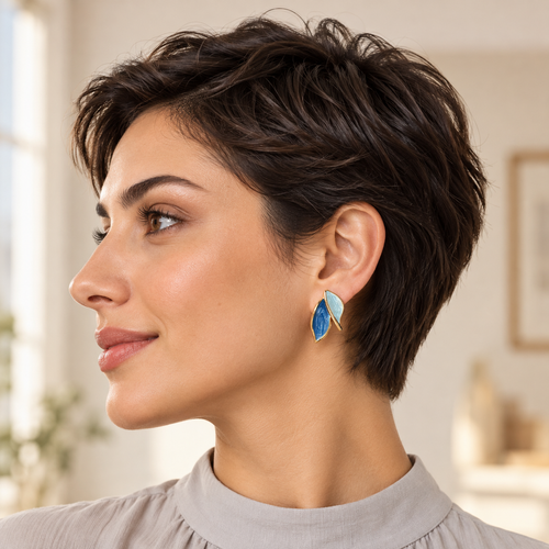 Vintage Enamel Two-Tone Leaf Blue Enamel Earrings