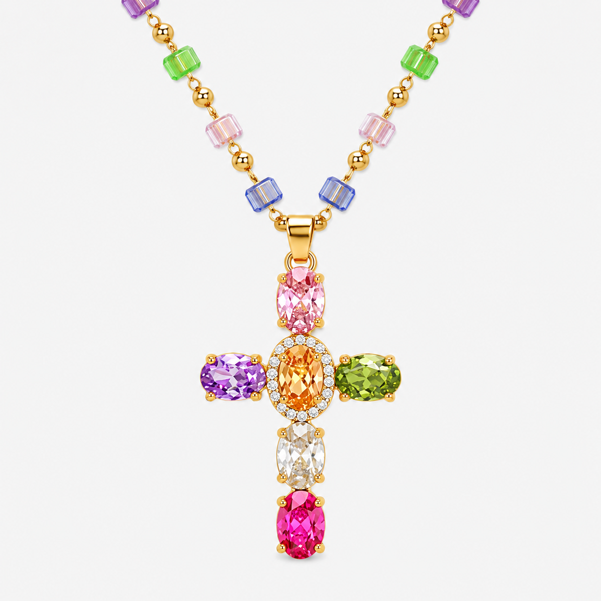 Multicolor Cubic Zirconia Cross Pendant Necklace