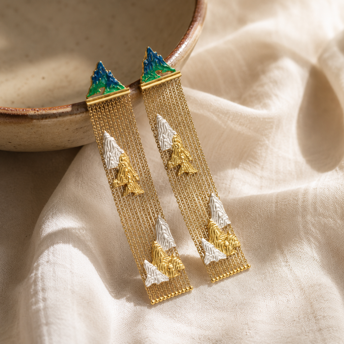 Chinese Landscape Enamel Tassel Earrings