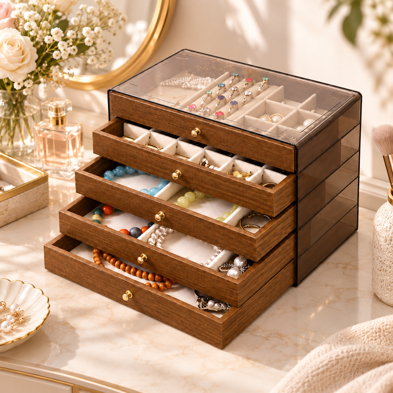 5-Layer Luxury Jewelry Organizer – Acrylic Drawer Jewelry Box for Women