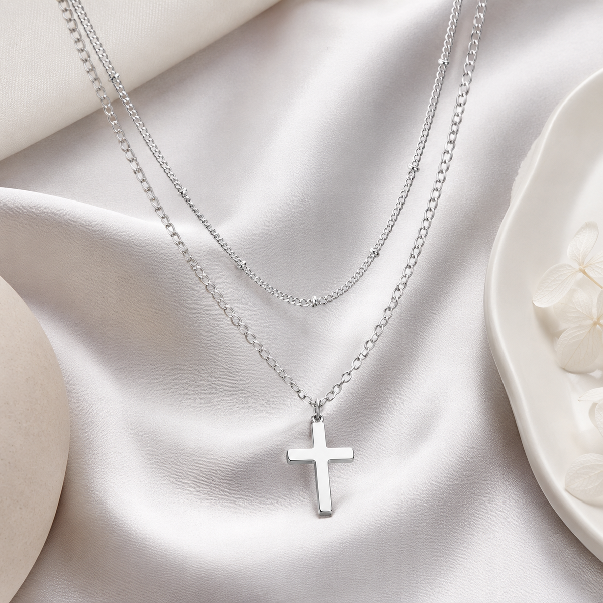 Layered Beaded Cross Necklace