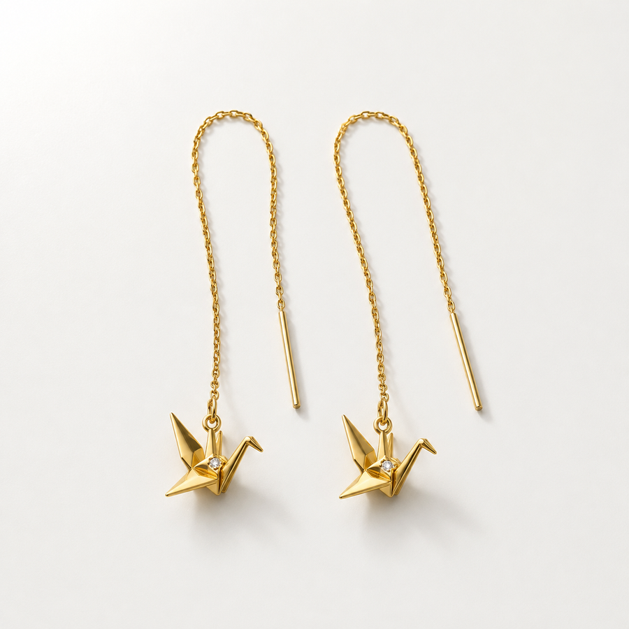TEWIKY Origami Crane Threader Earrings – Dainty 925 Sterling Silver CZ Dangle Earrings for Women
