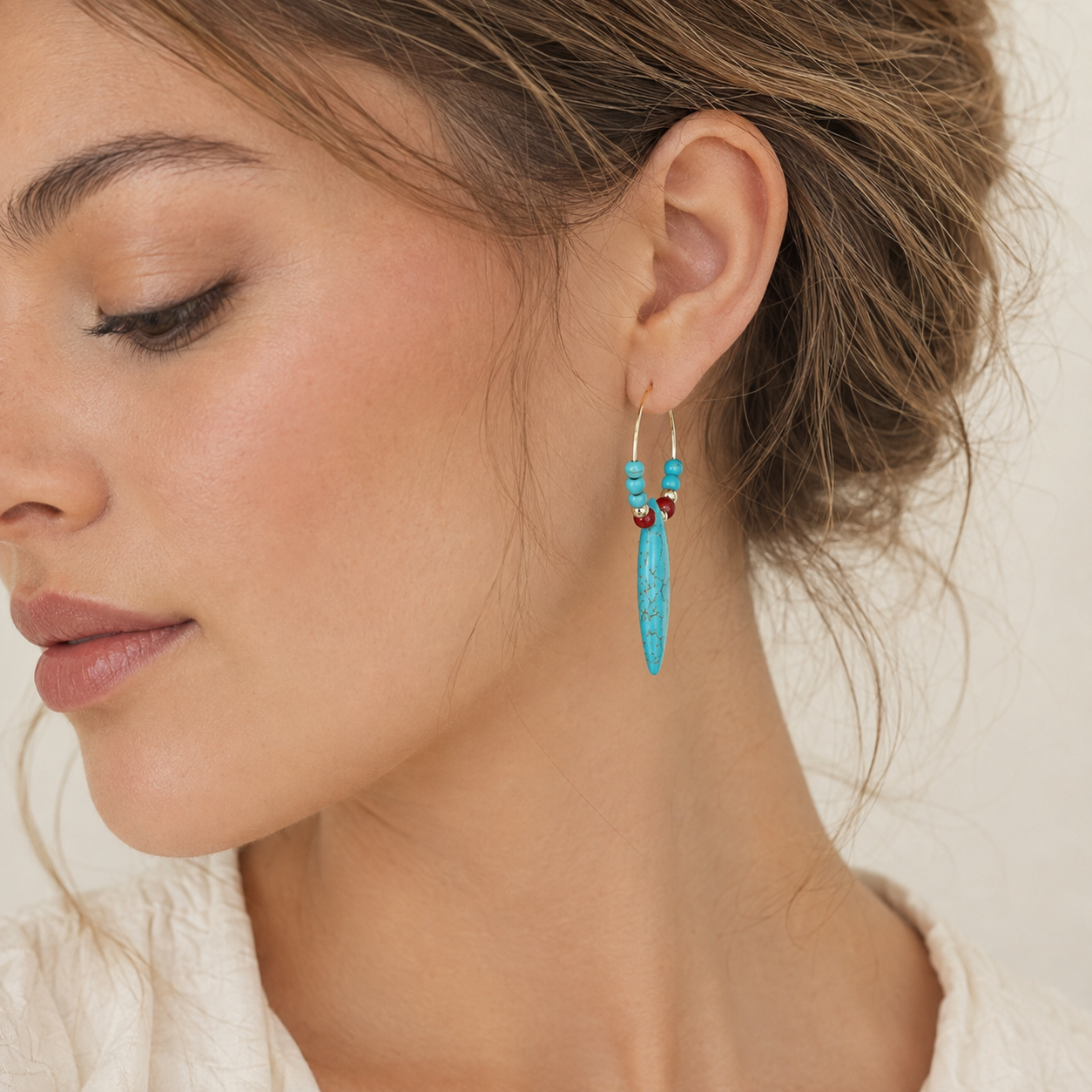 Turquoise  Red Agate Hoop Earrings