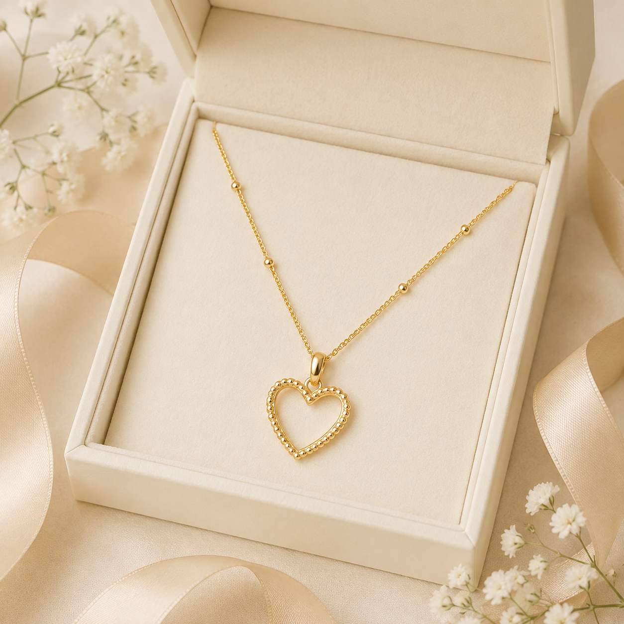 Beads Chain with Open Heart Pendant Necklace
