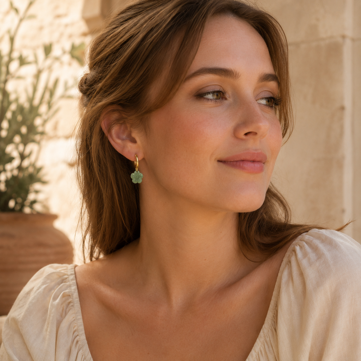 Jade Flower Huggie Hoop Earrings