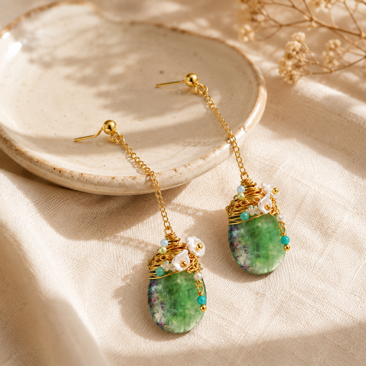 Green Fluorite & Baroque Pearl Earrings