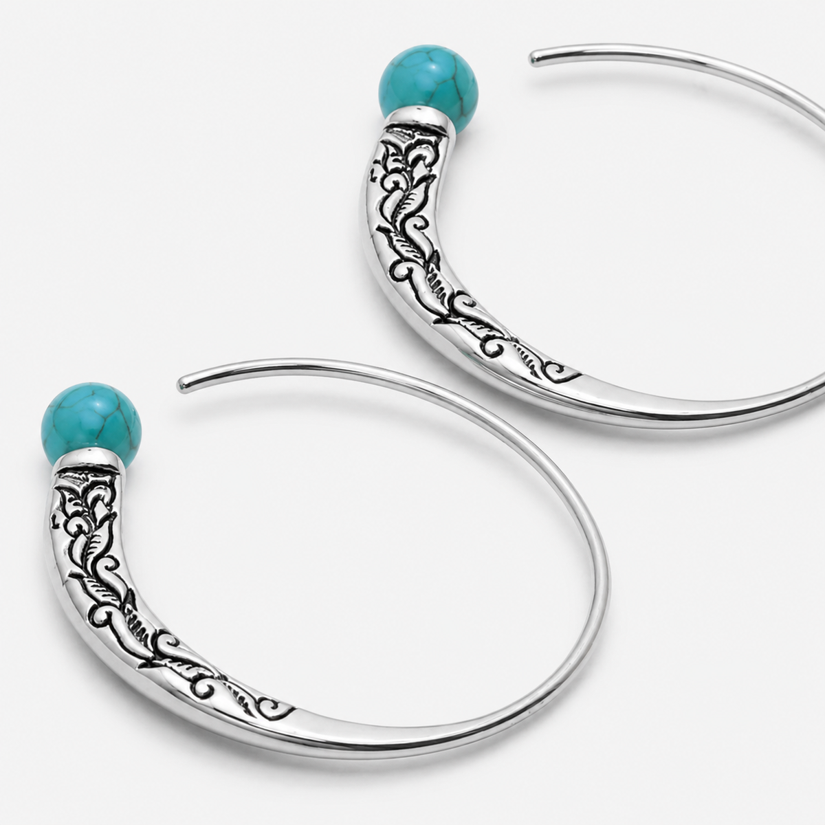 Hand-Carved Turquoise Silver Hoops