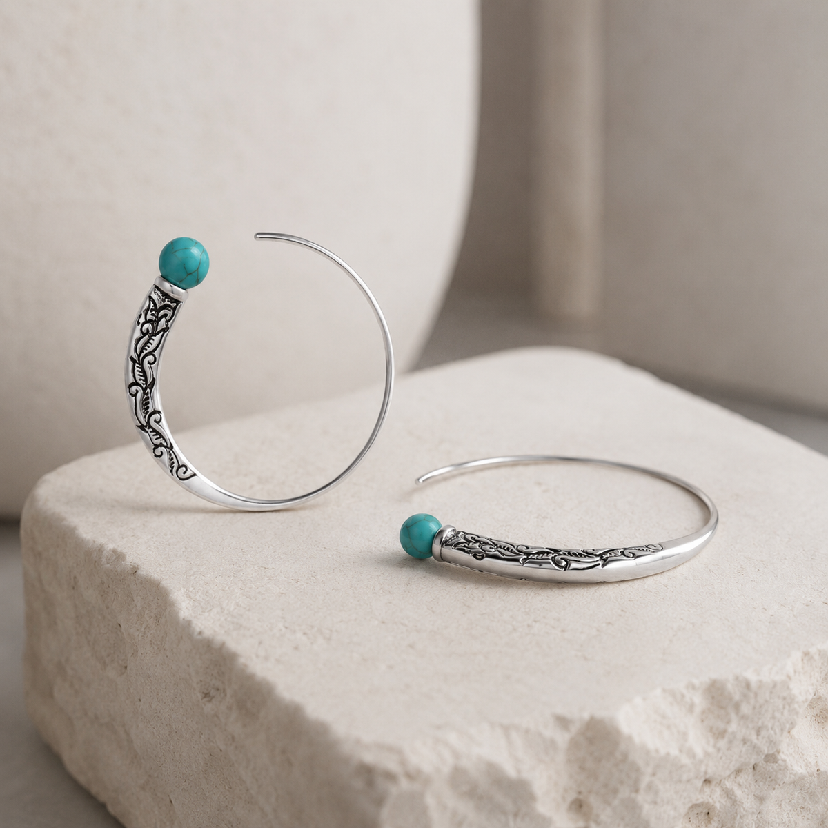 Hand-Carved Turquoise Silver Hoops
