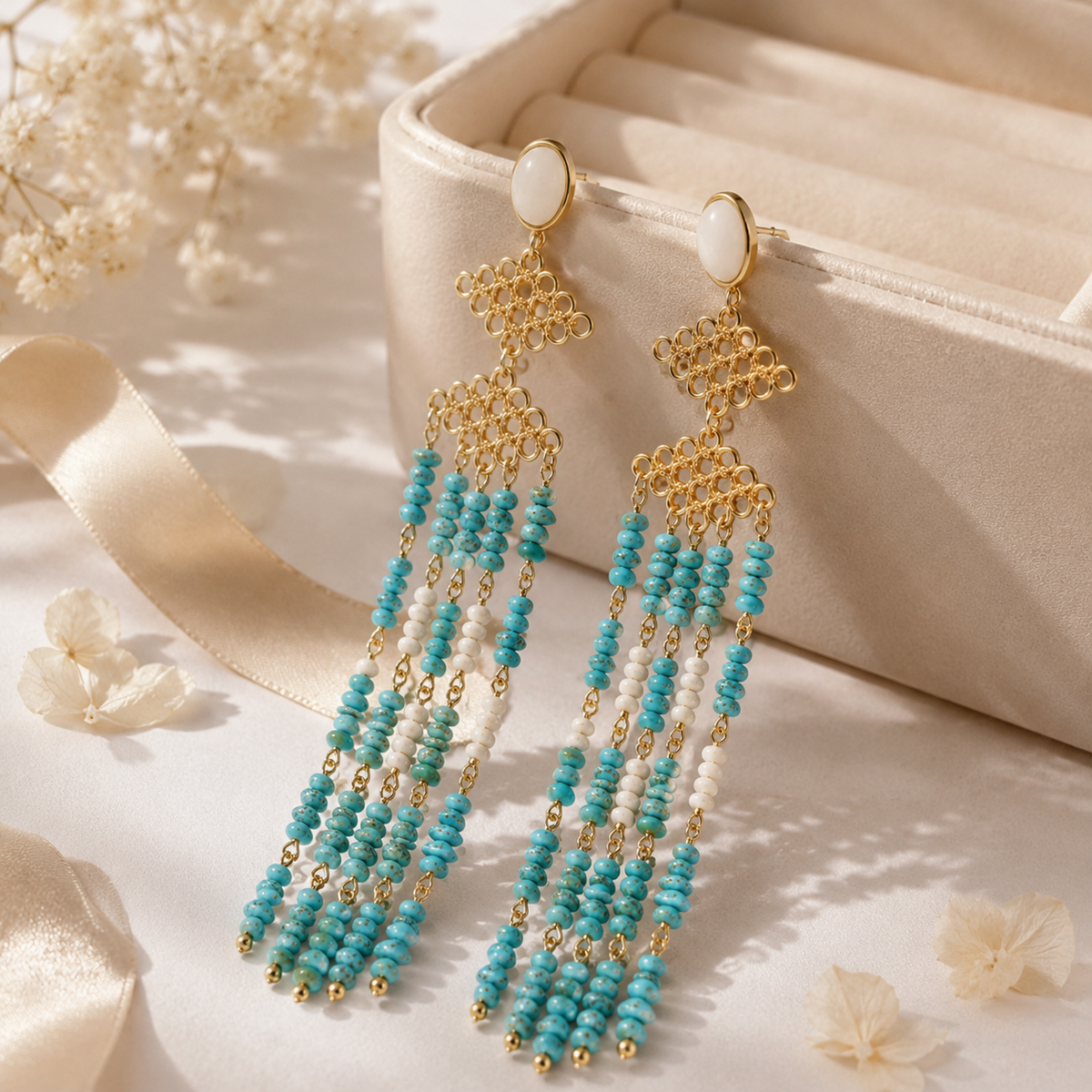 Turquoise Chip Tassel Earrings