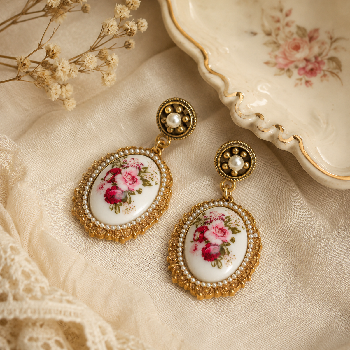 Vintage Rose Pendant Earrings
