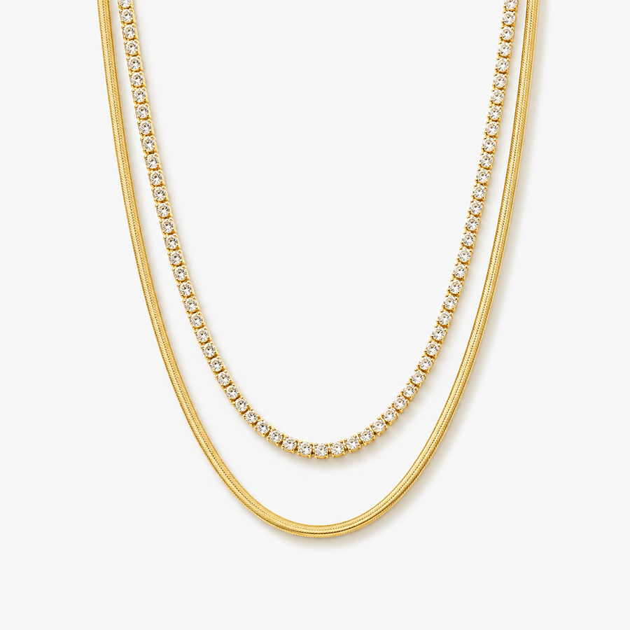 Layered Tennis Herringbone Necklace