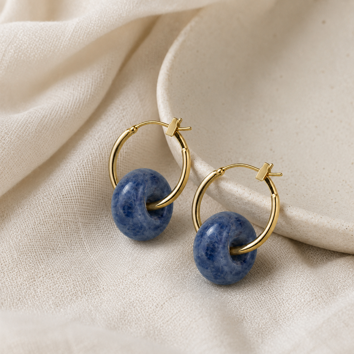Blue Yellow Agate Hoop Earrings
