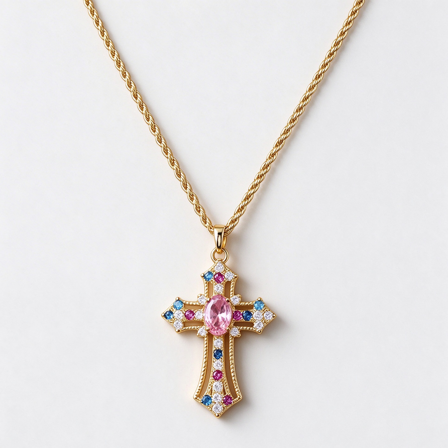 14K Gold-Plated Multicolor CZ Faith Cross Necklace