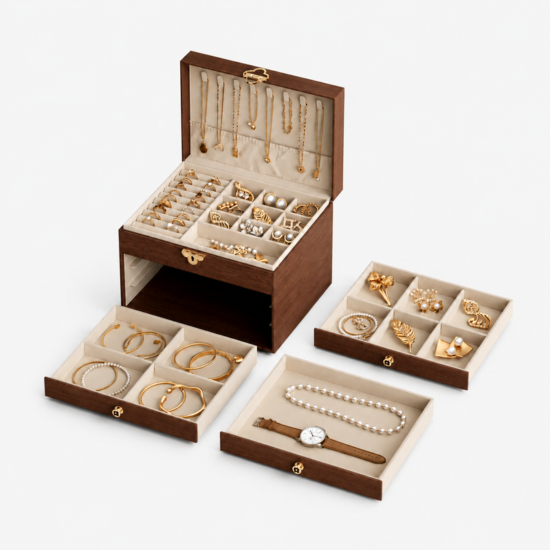 Luxury Walnut Wood Jewelry Box – Elegant Multi-Layer Jewelry Organizer for Rings, Earrings & Necklaces