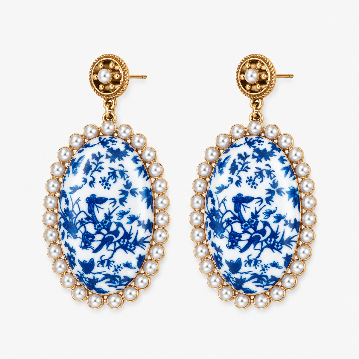 Vintage Blue White Porcelain Pearl Stud Earrings