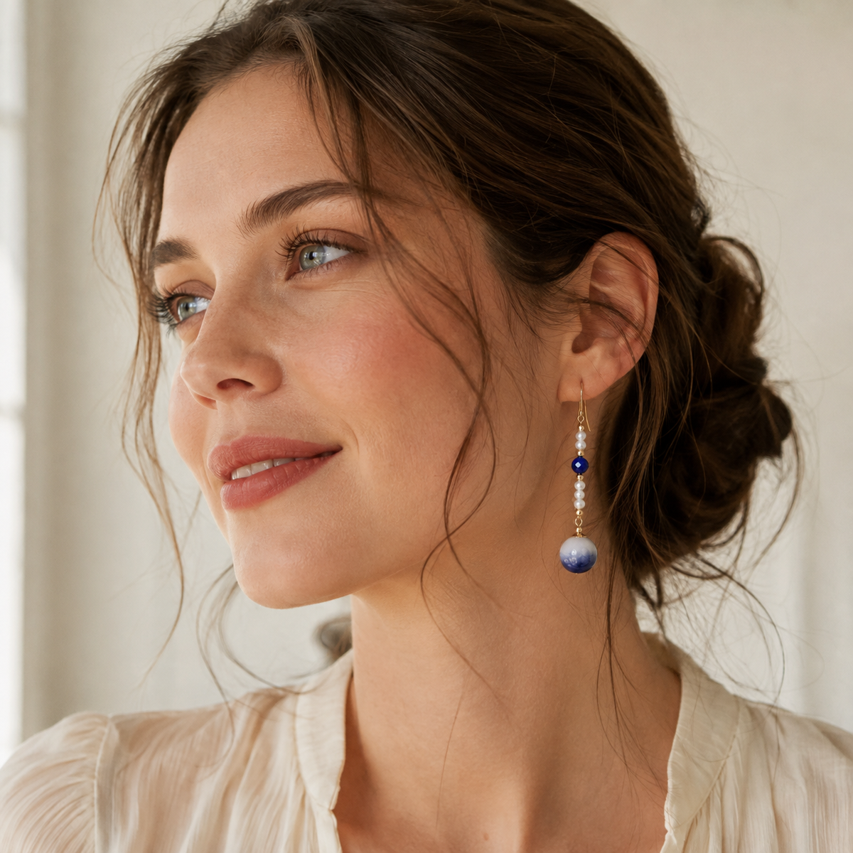 Blue Porcelain Pearl Drop Earrings