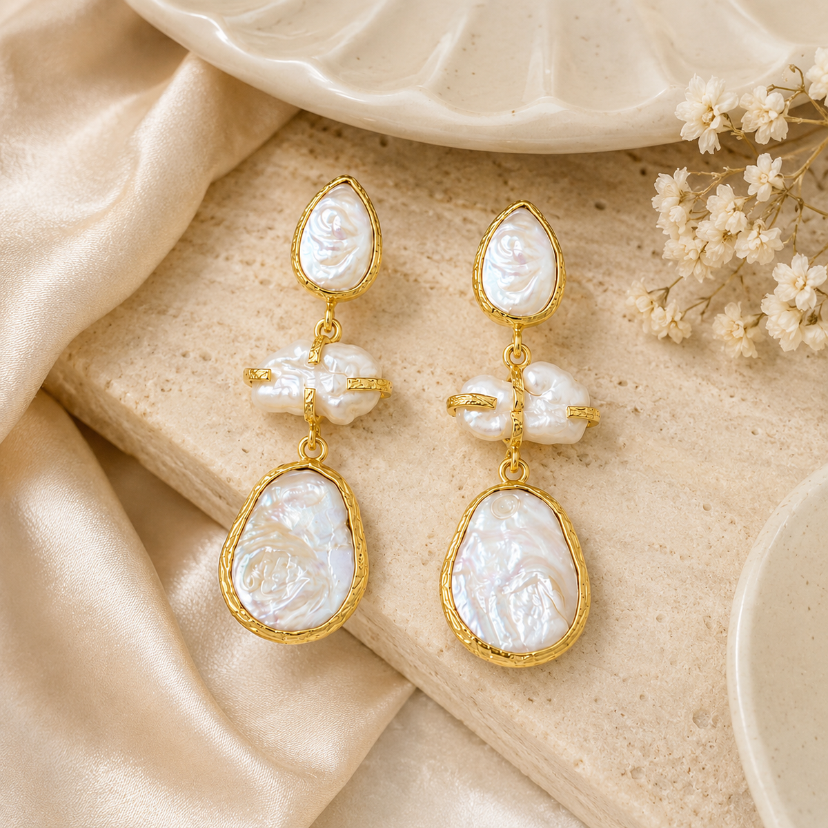 Gold Baroque Freshwater Pearl Earrings