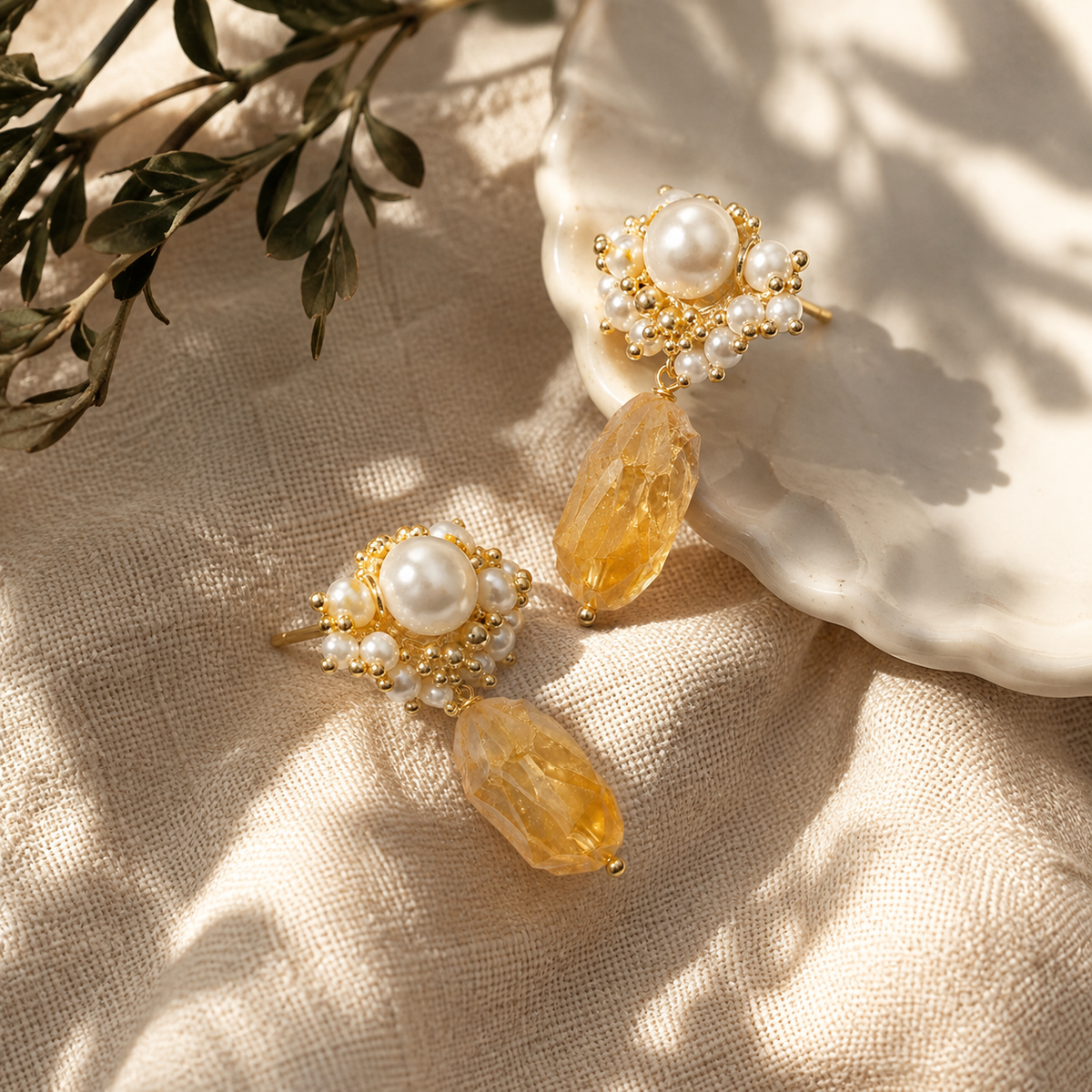 Raw Citrine Pearl Drop Earrings