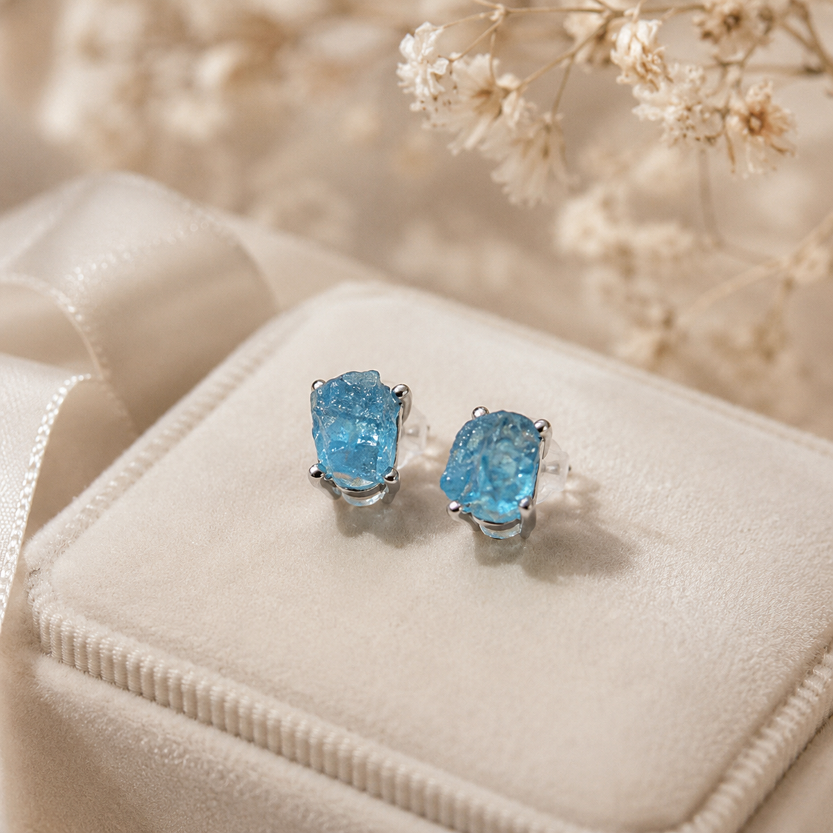 Natural Raw Aquamarine S925 Sterling Silver Stud Earrings