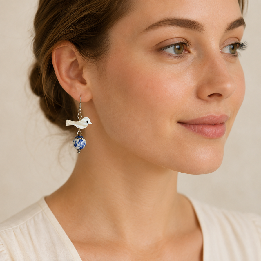 Porcelain Bead Shell Bird Earrings
