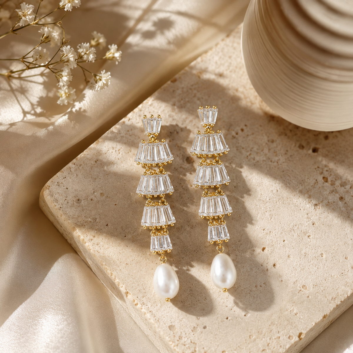 Baguette CZ amp; Freshwater Pearl Earrings