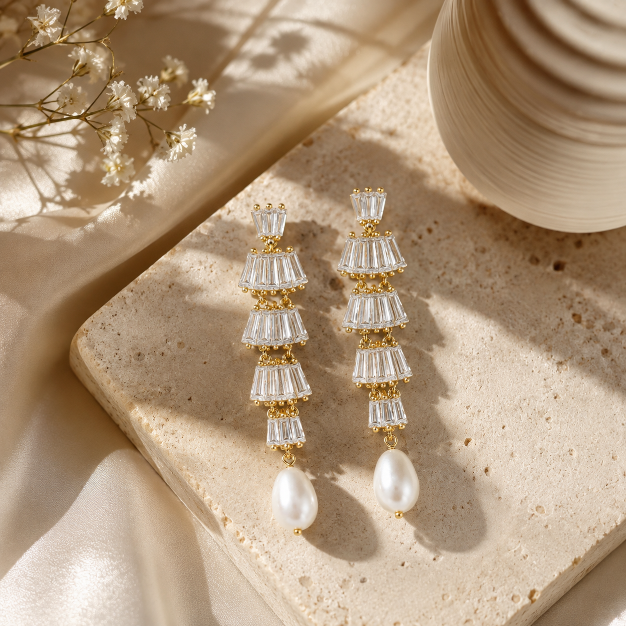 Baguette CZ amp; Freshwater Pearl Earrings