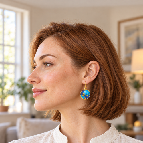 Blue Round Filigree Cloisonné Earrings