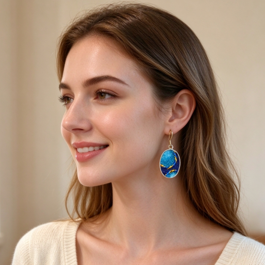 Cloisonné Enamel Oval Drop Earrings