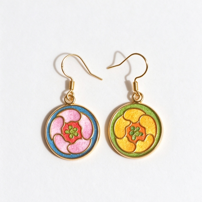 Cloisonné Enamel Round Floral Drop Earrings