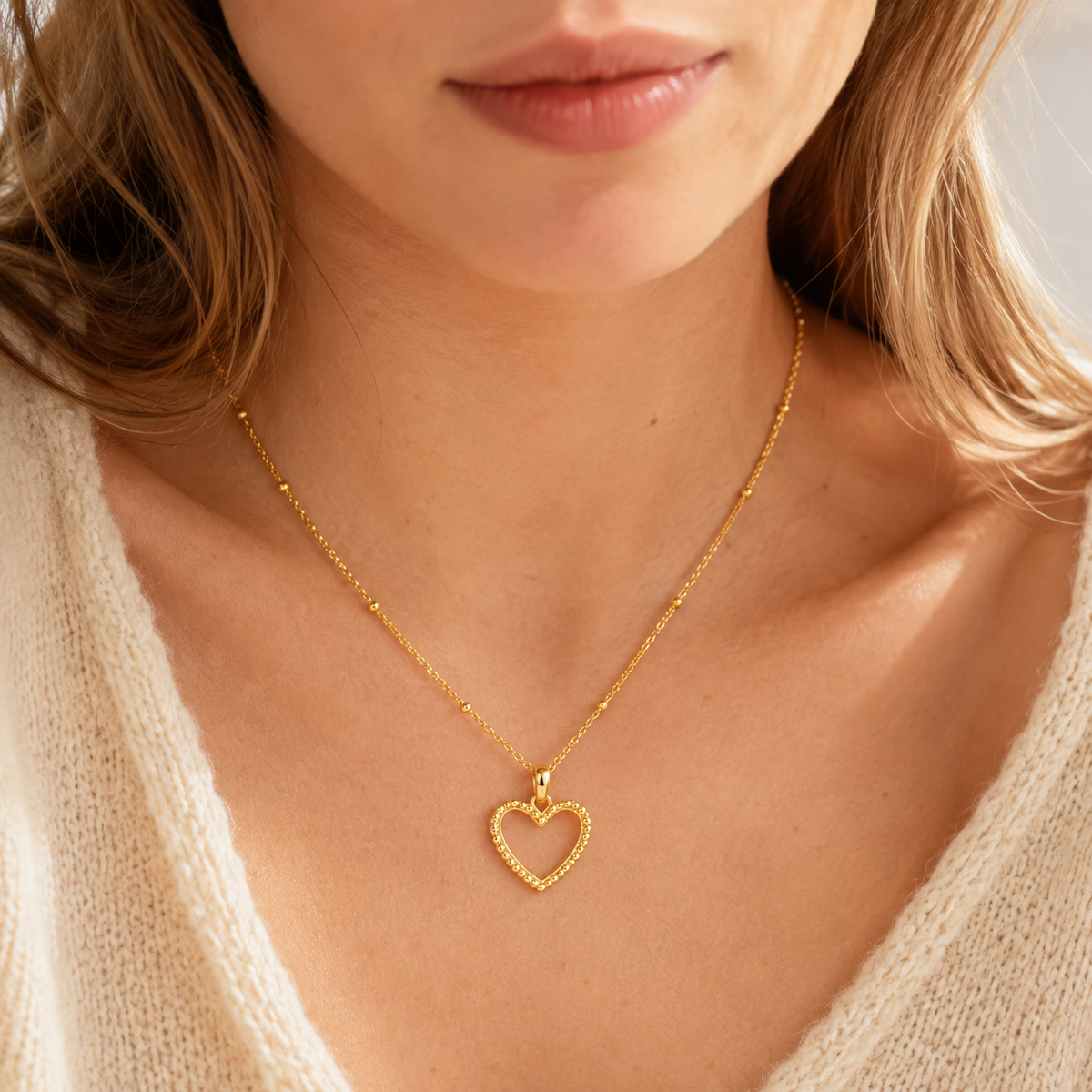 Beads Chain with Open Heart Pendant Necklace