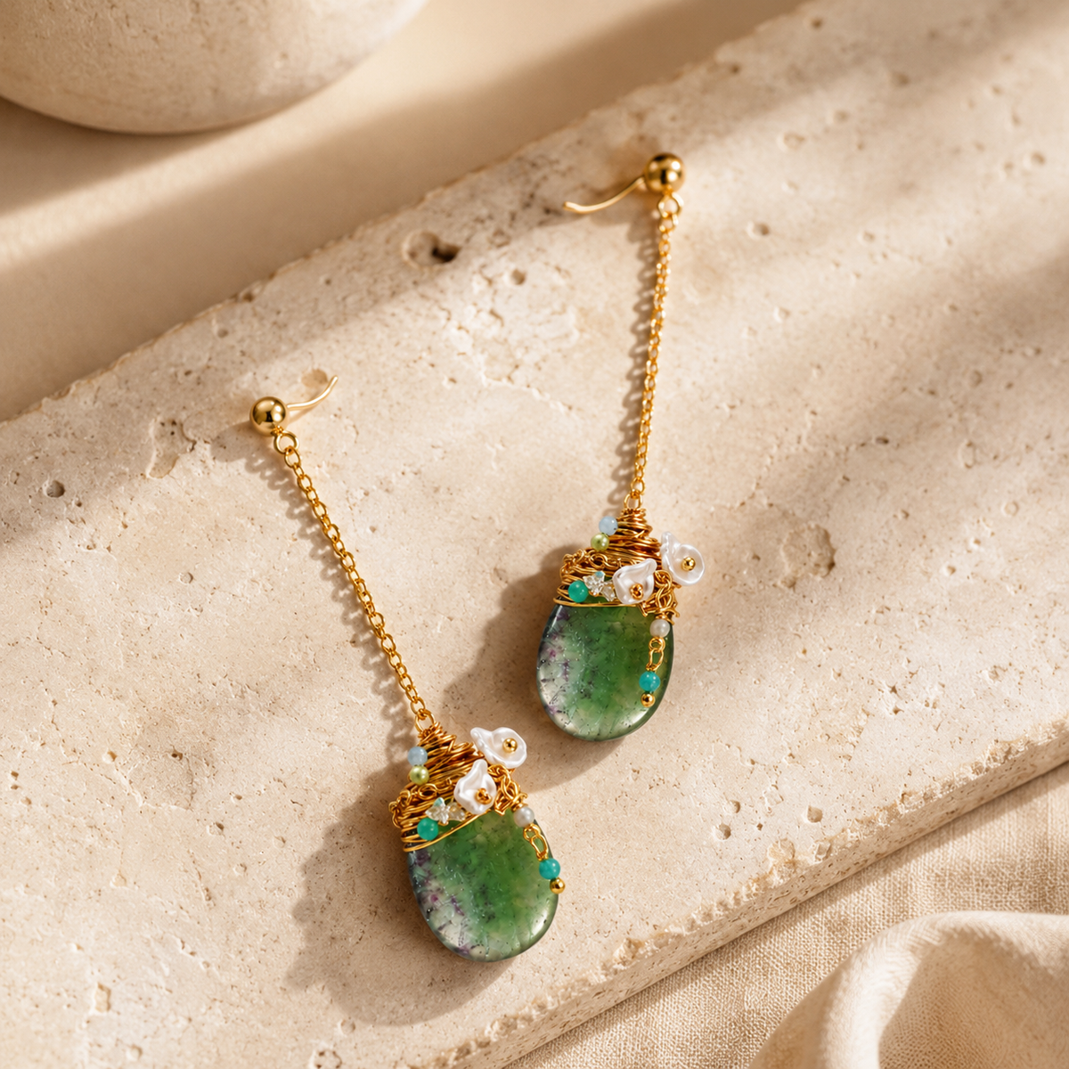 Green Fluorite & Baroque Pearl Earrings