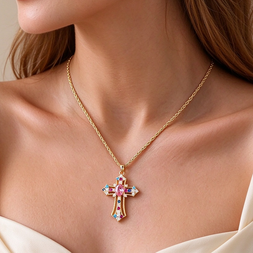 14K Gold-Plated Multicolor CZ Faith Cross Necklace