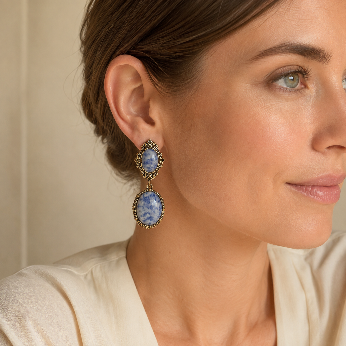 Vintage Blue Porcelain Statement Earrings