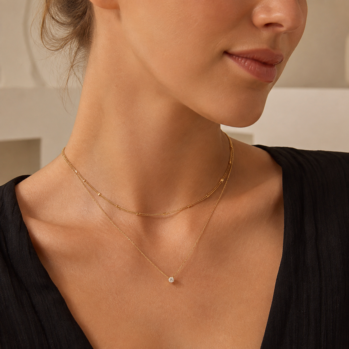 Layered Beaded CZ Pendant Necklace
