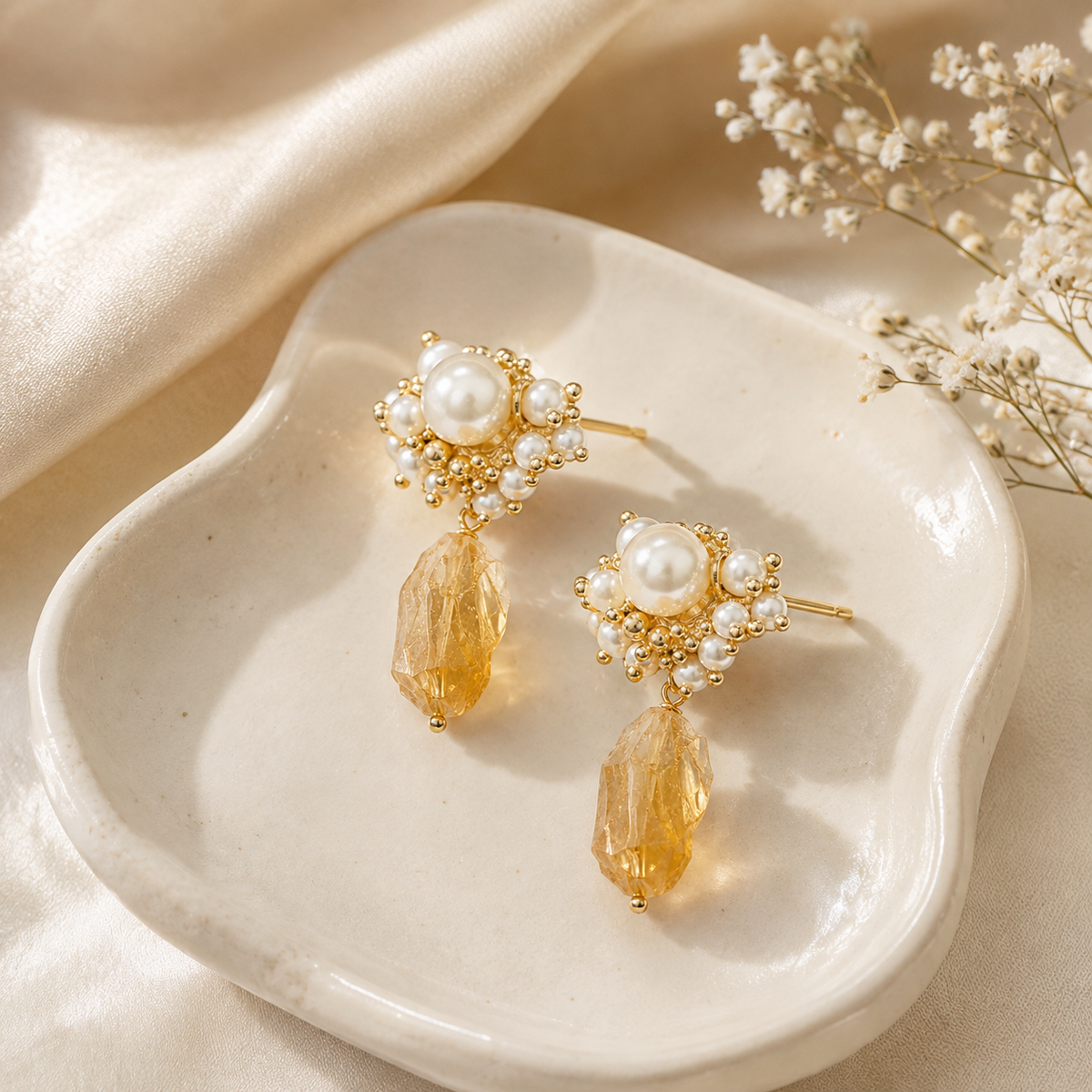 Raw Citrine Pearl Drop Earrings
