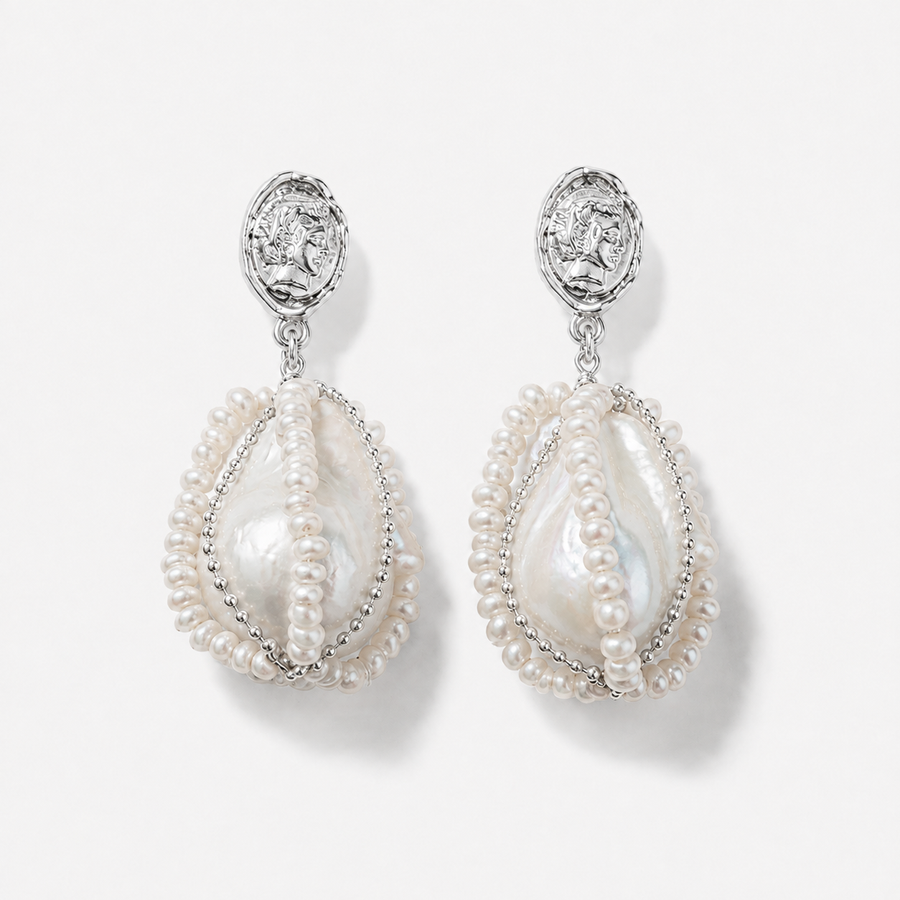 TEWIKY Vintage Coin Baroque Pearl Statement Dangle Earrings