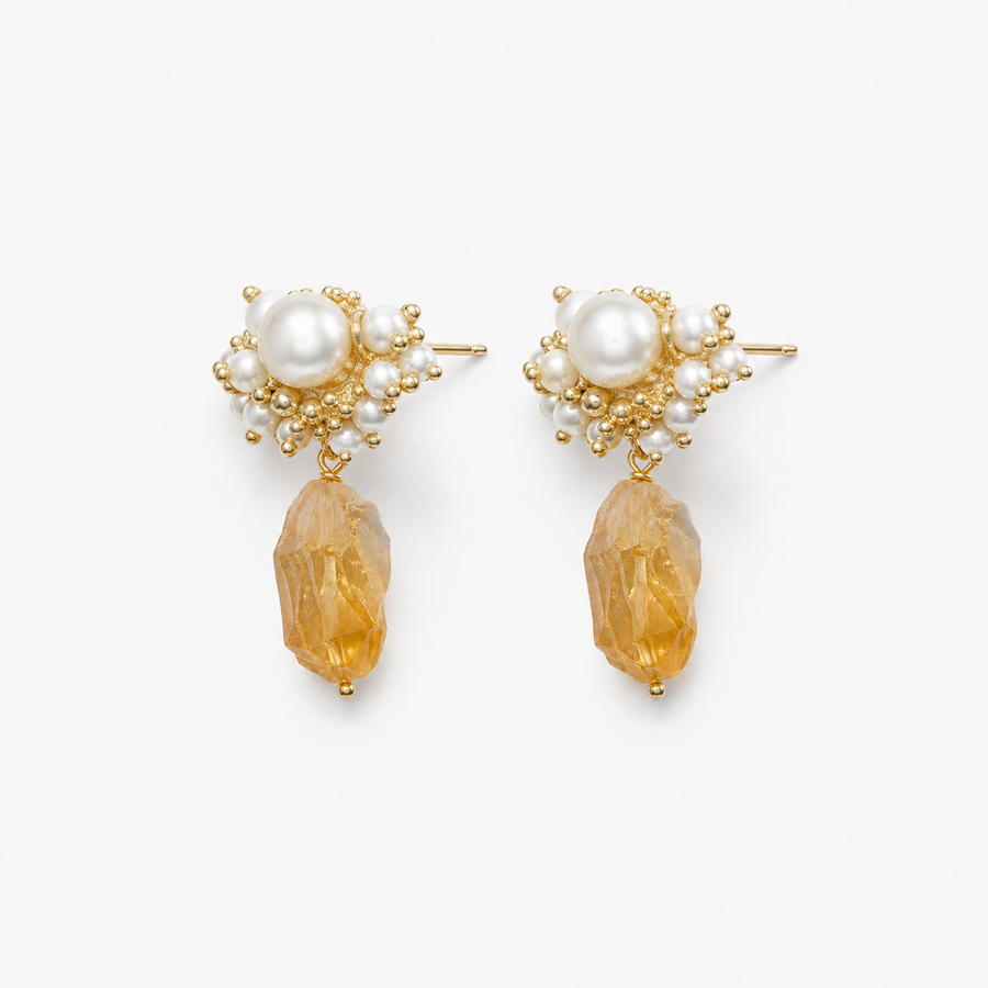 Raw Citrine Pearl Drop Earrings