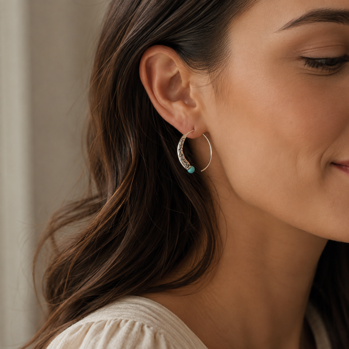 Hand-Carved Turquoise Silver Hoops