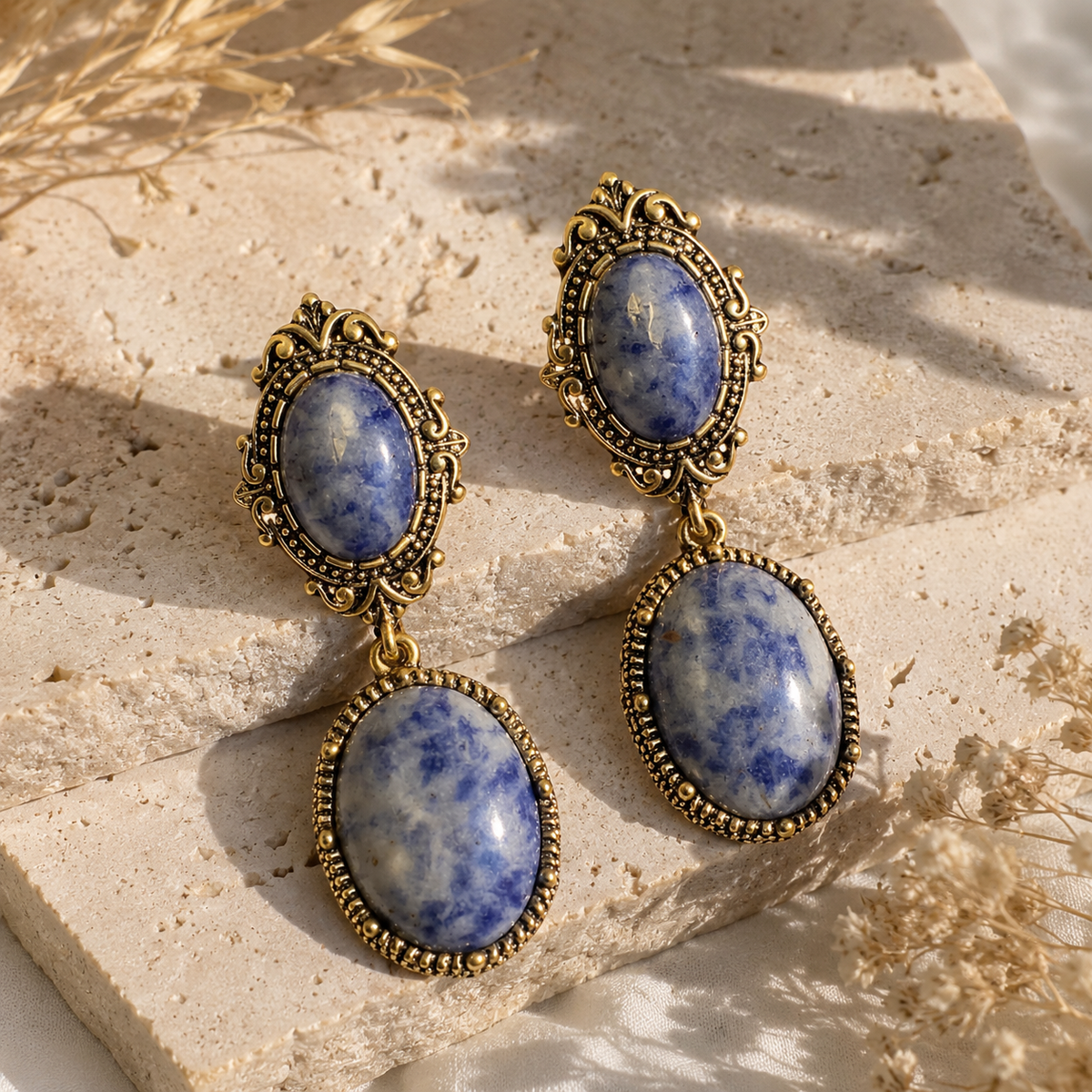 Vintage Blue Porcelain Statement Earrings