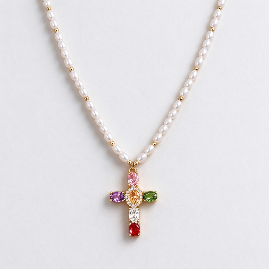 Pearl Strand Rainbow Gemstone Cross Necklace