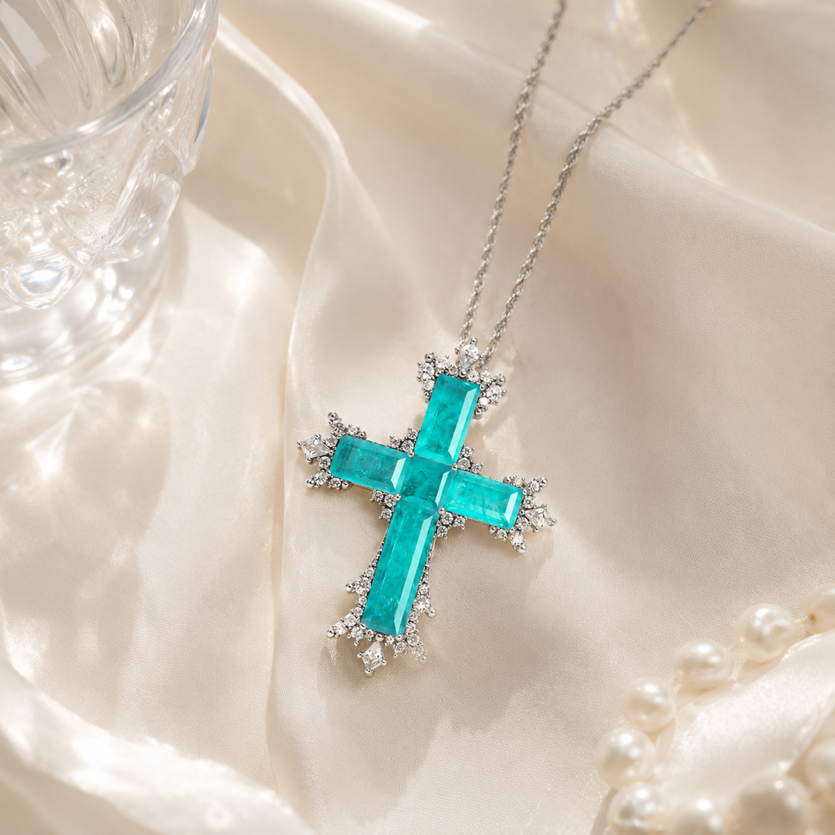 Large Paraiba Cross Pendant Necklace