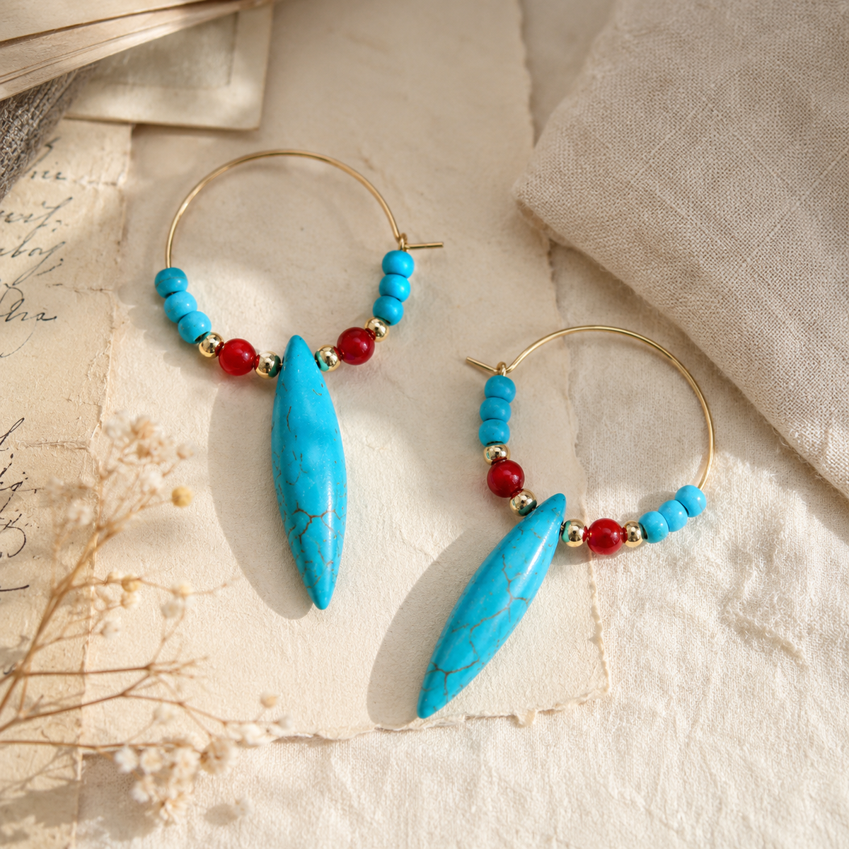Turquoise  Red Agate Hoop Earrings