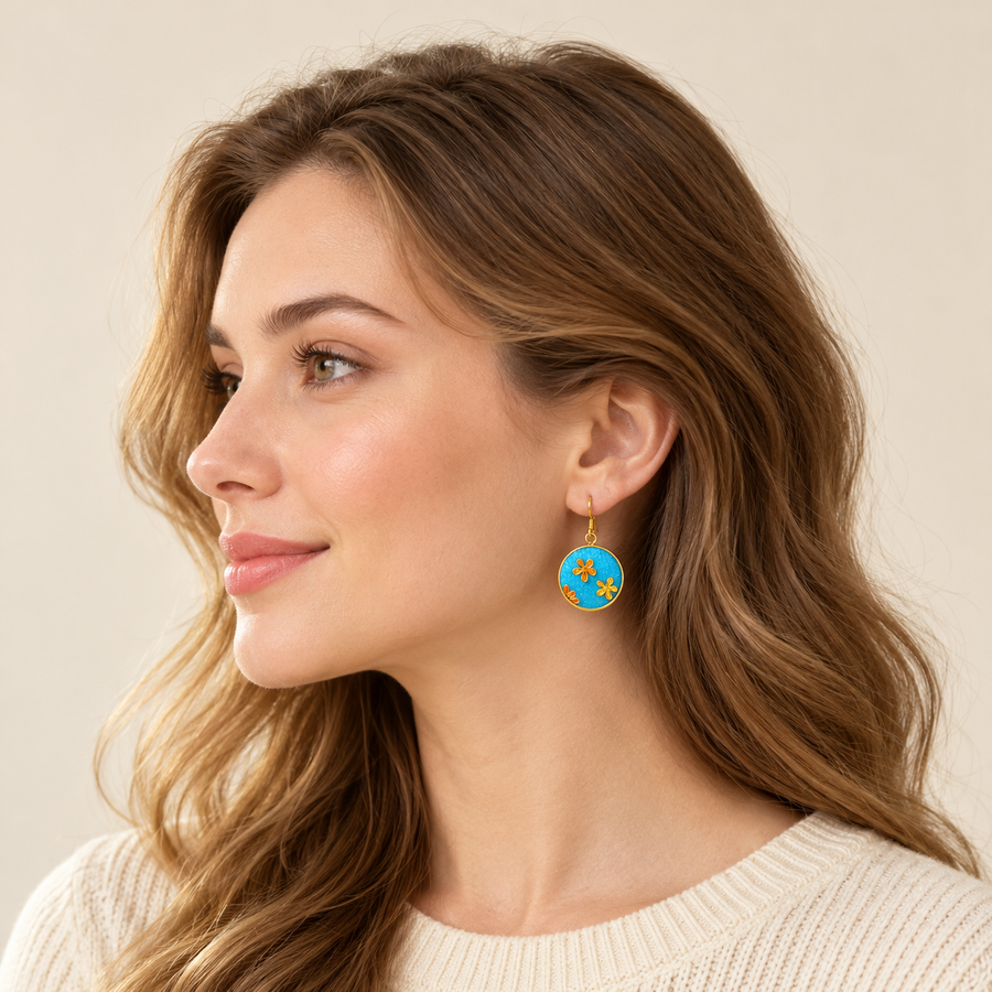 Cloisonné Enamel Floral Round Earrings